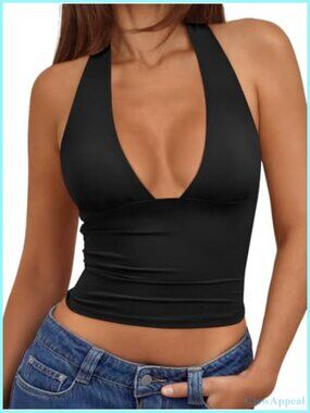 Double Lined Halter Top Open Back Deep V Neck Crop Summer Party Top